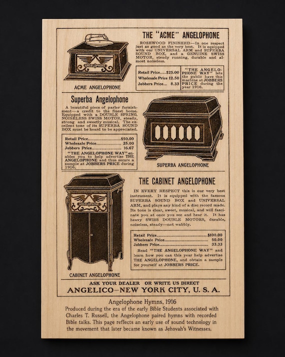 Angelophone Hymns 1916 Bible Student Wood Plaque, Historical Theocratic Inspired Birch Wall Art