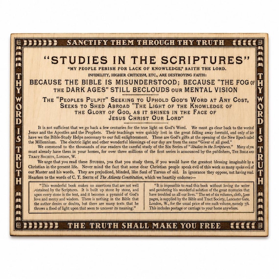 Studies in the Scriptures Broadside – Vintage Bible Students Era Birch Plaque