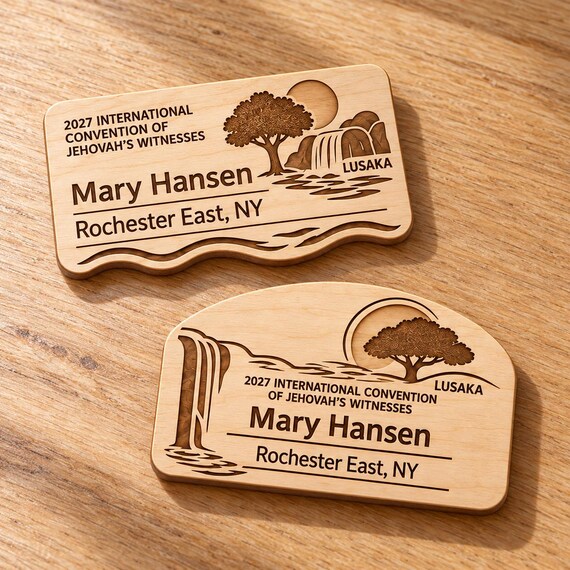 2027 International Convention Lusaka Personalized Birch Name Badge, Standard Kids Mini, Pin Magnetic or Lanyard