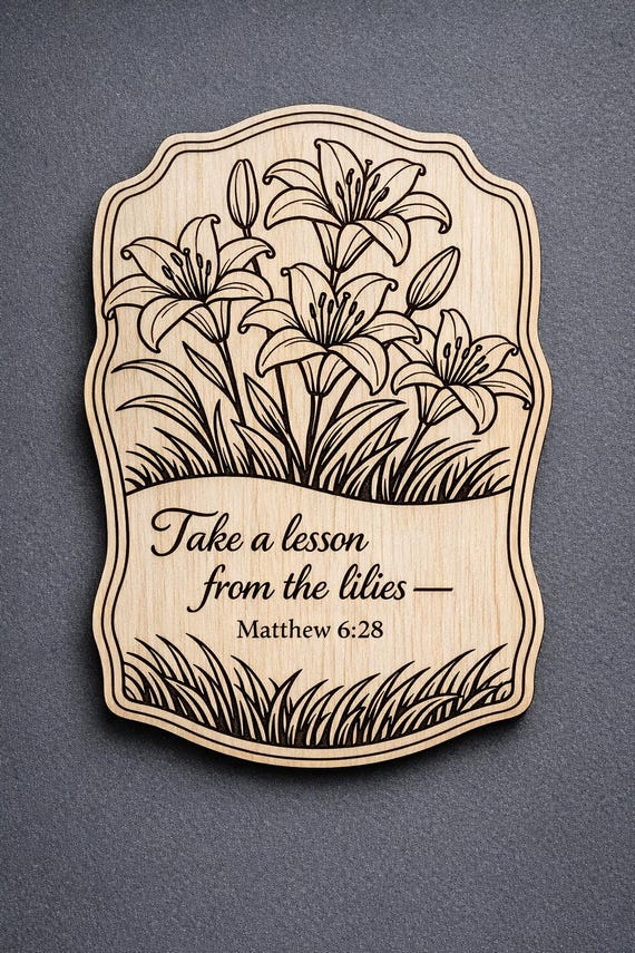 Matthew 6:28 Wood Scripture Plaque, Lilies Bible Verse Sign, Birch Floral Wall Decor, shown in an additional close-up listing view with visible shape and details.