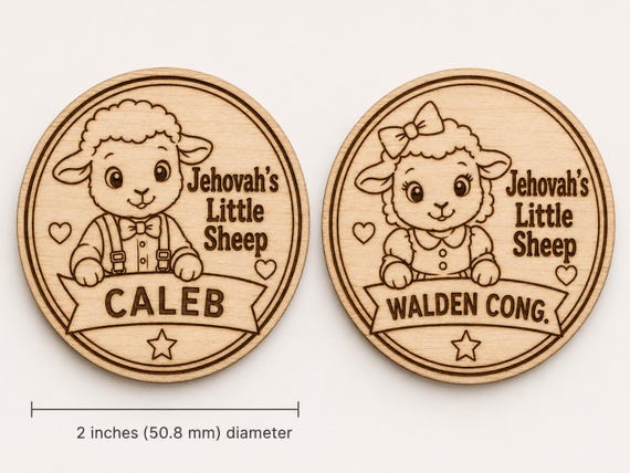 Personalized Jehovah’s Little Sheep Wood Badge Pin, Boy or Girl Lamb JW Name Pin, Lapel Pin Magnet or Keychain, shown in listing image 4 with additional visible details or options.