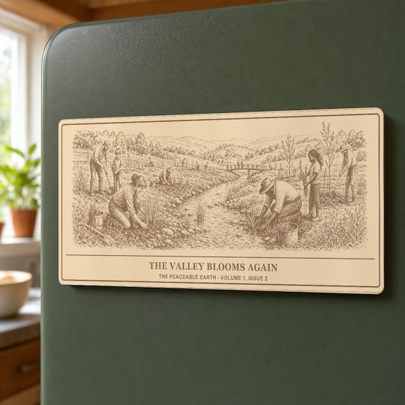 The Valley Blooms Again Birch Engraving, Wood Magnet or Wall Art, Peaceable Earth Volume 1 Issue 2
