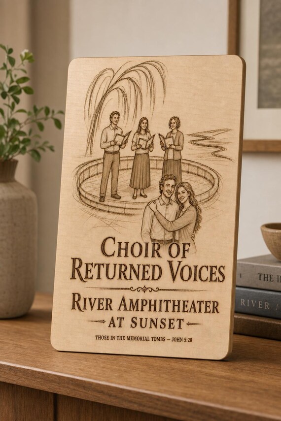 Natural birch engraved Choir of Returned Voices wall sign with visible-faced illustrated people in ordinary neat clothing, close angled view in a realistic room showing the thin finished edge.