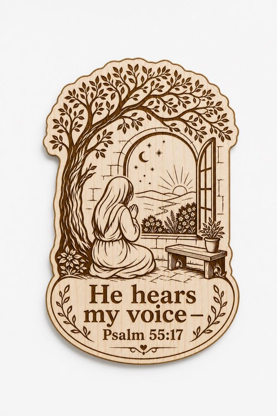 Psalm 55:17 Wood Scripture Plaque, He Hears My Voice Sign, Birch Prayer Wall Decor, shown in an additional close-up listing view with visible shape and details.