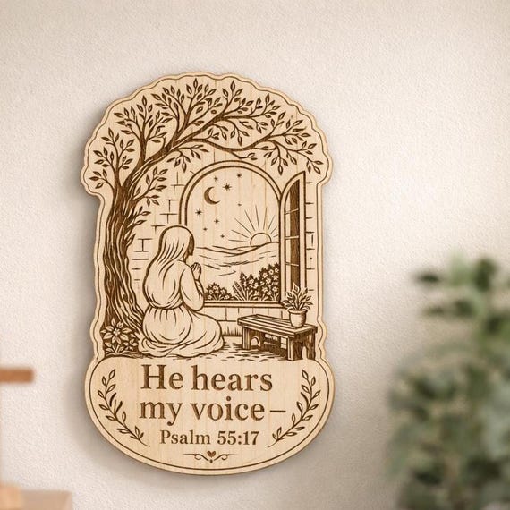 Psalm 55:17 Wood Scripture Plaque, He Hears My Voice Sign, Birch Prayer Wall Decor