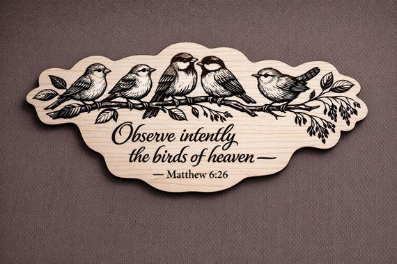 Matthew 6:26 Wood Scripture Plaque, Birds of Heaven Bible Verse Sign, Birch Wall Decor, shown in an additional close-up listing view with visible shape and details.