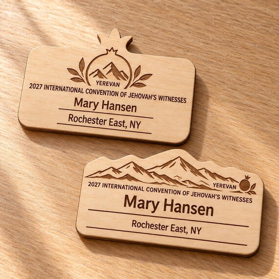 2027 International Convention Yerevan Personalized Birch Name Badge, Standard Kids Mini, Pin Magnetic or Lanyard