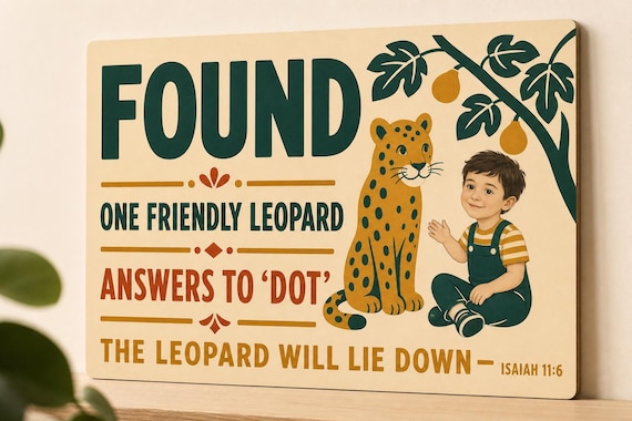 Flat color Friendly Leopard Found wall sign with visible-faced illustrated people, close angled view in a realistic room showing the thin finished edge.
