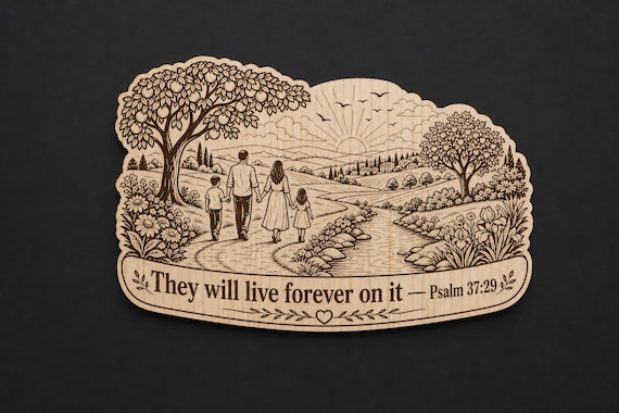 Psalm 37:29 Wood Scripture Plaque, Live Forever Bible Verse Sign, Birch Paradise Wall Decor, shown in an additional close-up listing view with visible shape and details.