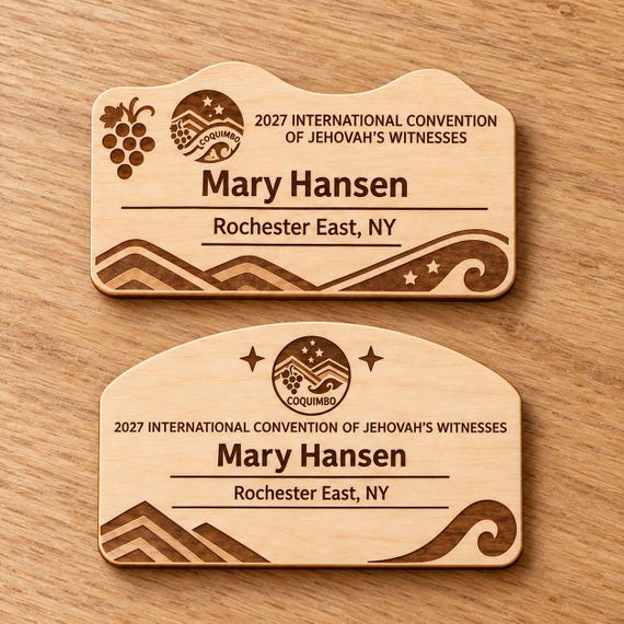 2027 International Convention Coquimbo Personalized Birch Name Badge, Standard Kids Mini, Pin Magnetic or Lanyard