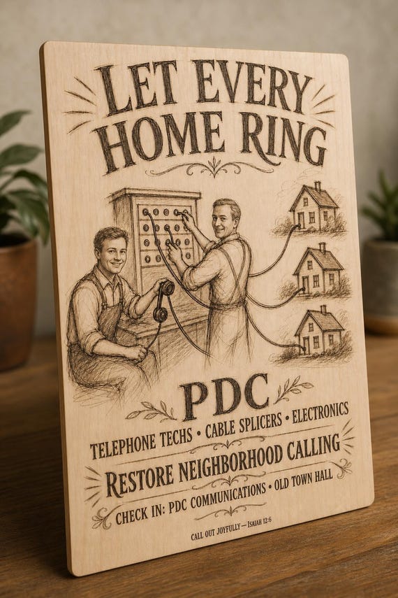 Natural birch engraved PDC Telephone Exchange wall sign with visible-faced illustrated people, close angled view in a realistic room showing the thin finished edge.