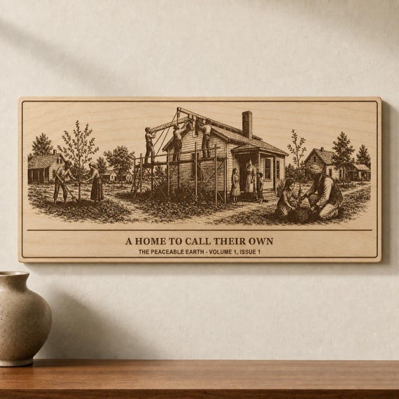 A Home to Call Their Own twelve-inch birch engraving mounted on an ivory wall above a wood console.