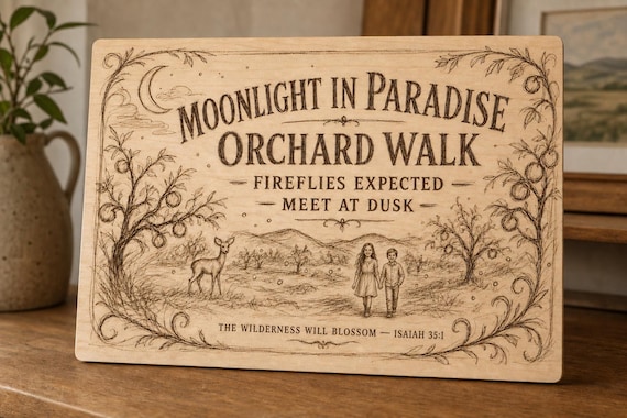 Natural birch engraved Moonlight Paradise Orchard Walk wall sign with visible-faced illustrated people, close angled view in a realistic room showing the thin finished edge.
