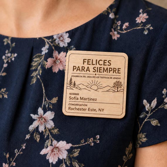Large square birch convention badge in Spanish reading Felices para siempre, personalized for Sofía Martínez and Rochester Este, NY, worn on a navy floral dress.