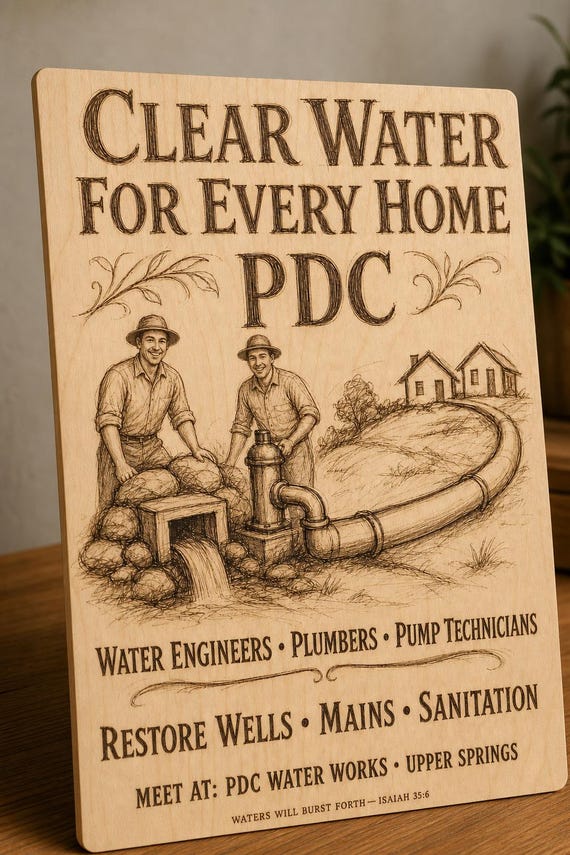 Natural birch engraved PDC Clear Water for Every Home wall sign with visible-faced illustrated people, close angled view in a realistic room showing the thin finished edge.