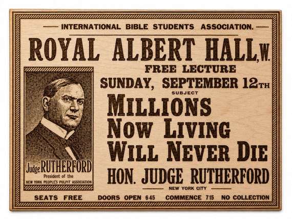 Vintage Bible Lecture Wood Sign, Judge Rutherford Royal Albert Hall Engraved Birch Wall Art