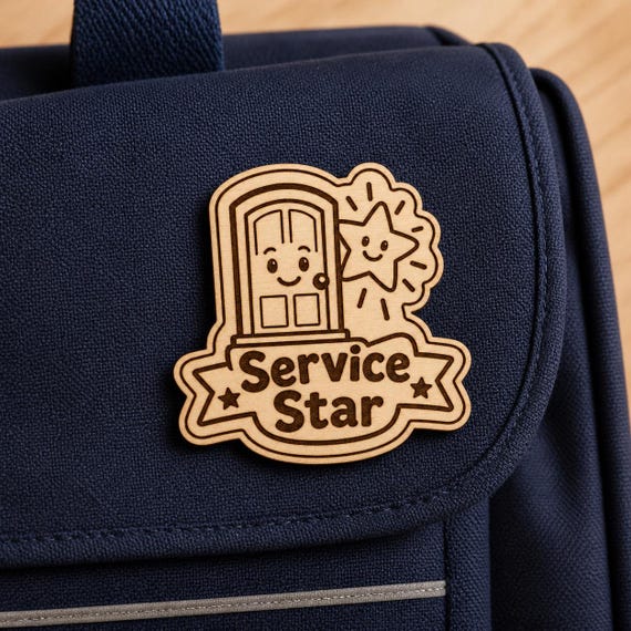 Bright Door Service Star Engraved Birch Reward Badge, JW Kids Ministry Gift, Lapel Pin Magnet or Keychain