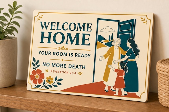 Flat color Welcome Home Room Ready wall sign with visible-faced illustrated people, close angled view in a realistic room showing the thin finished edge.