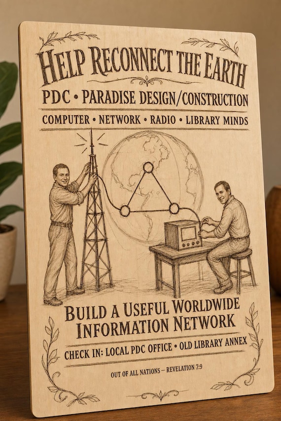 Natural birch engraved PDC Reconnect the Earth wall sign with visible-faced illustrated people, close angled view in a realistic room showing the thin finished edge.