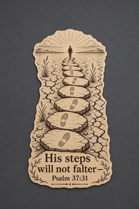 Psalm 37:31 Wood Scripture Plaque, His Steps Will Not Falter Sign, Birch Wall Decor, shown in an additional close-up listing view with visible shape and details.