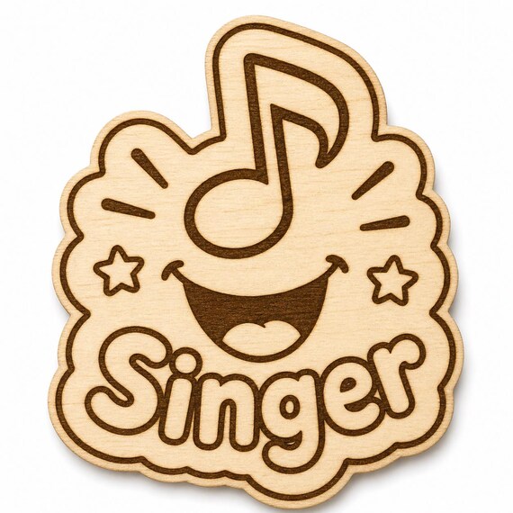 Joyful Voice Singer engraved birch reward badge with Singer artwork shown close up on white.