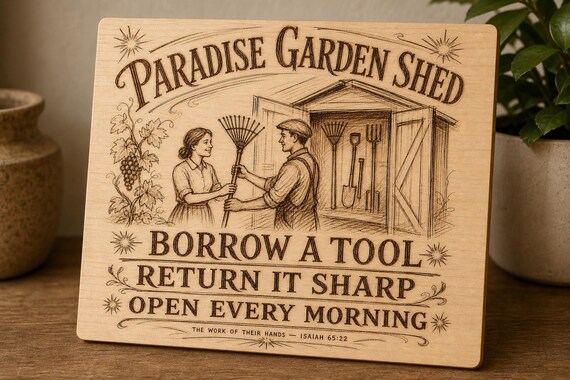 Natural birch engraved Paradise Garden Shed wall sign with visible-faced illustrated people, close angled view in a realistic room showing the thin finished edge.