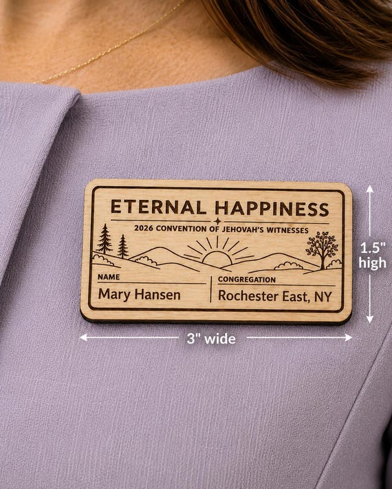 Engraved MINI Birch Convention Name Badge, 2026 Eternal Happiness, Personalized JW Lanyard tag or pin, shown in an additional close-up listing view with visible shape and details.
