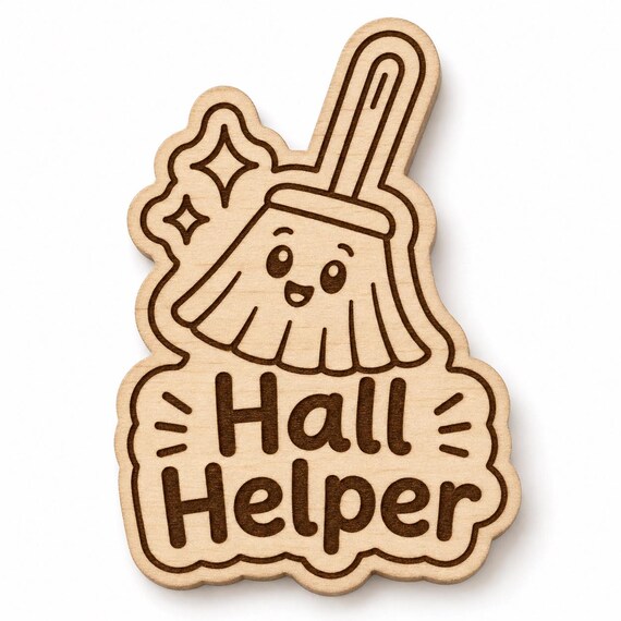Helping Hands Hall Helper engraved birch reward badge with Hall Helper artwork shown close up on white.