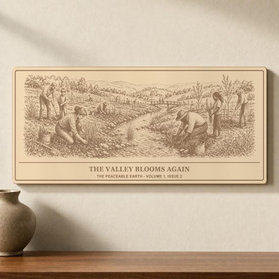 The Valley Blooms Again twelve-inch birch engraving mounted on an ivory wall above a wood console.