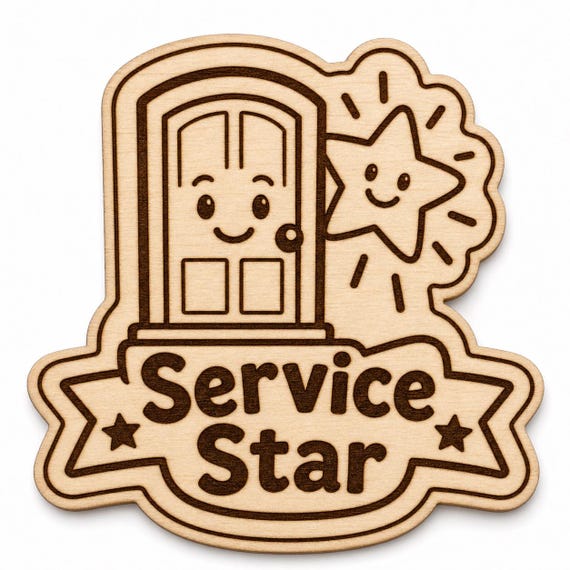 Bright Door Service Star engraved birch reward badge with Service Star artwork shown close up on white.