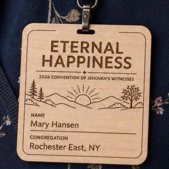 Engraved Birch Convention Name Badge, 2026 Eternal Happiness, Personalized JW Lanyard tag or pin, shown in another listing view highlighting visible design details.