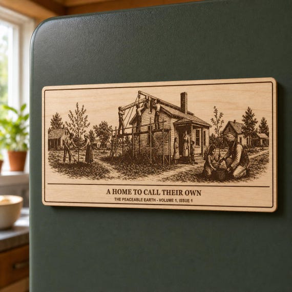 A Home to Call Their Own Birch Engraving, Wood Magnet or Wall Art, Peaceable Earth Volume 1 Issue 1