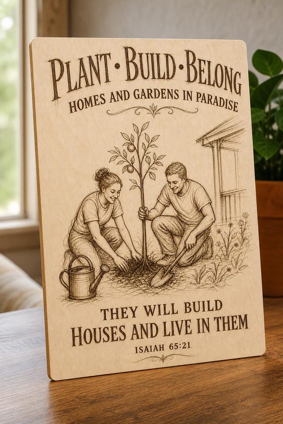 Natural birch engraved Plant Build Belong wall sign with visible-faced illustrated people, close angled view in a realistic room showing the thin finished edge.