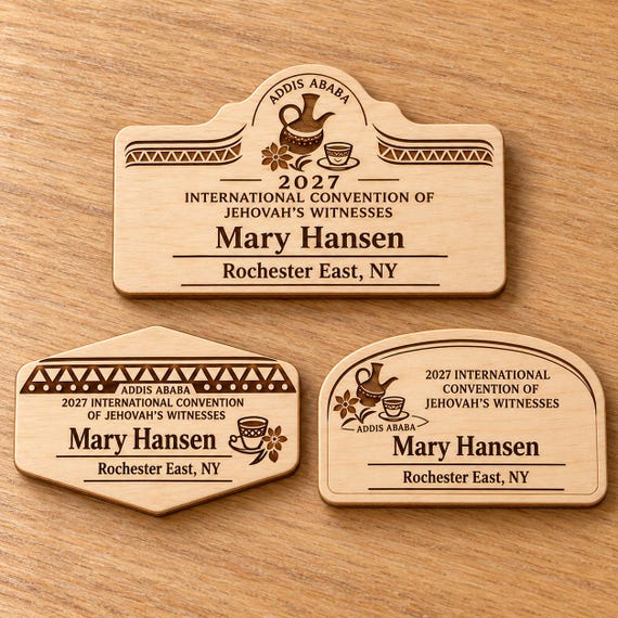 2027 International Convention Addis Ababa Personalized Birch Name Badge, Standard Kids Mini, Pin Magnetic or Lanyard