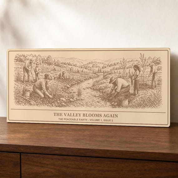 The Valley Blooms Again twelve-inch birch engraving displayed upright on a walnut console with all support concealed.