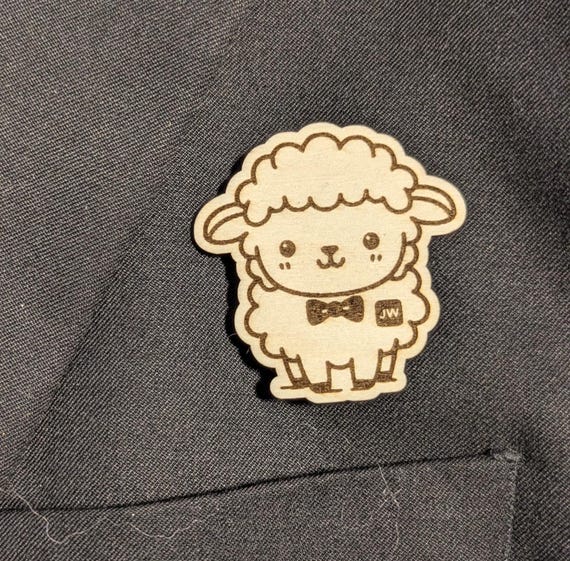 Personalized JW Sheep Pin, Theocratic Wood Gift Magnet or Keychain for Pioneer and Elder School, shown in another listing view highlighting visible design details.