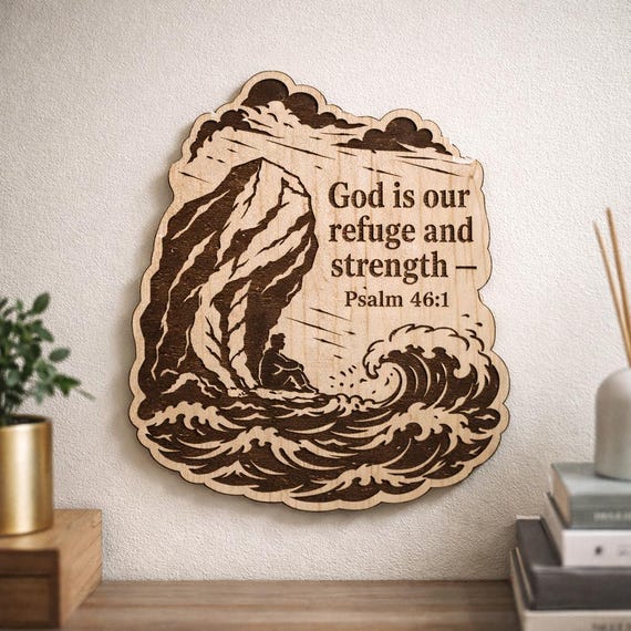 Psalm 46:1 Refuge Wood Plaque – Birch Scripture Wall Decor, shown in an additional close-up listing view with visible shape and details.