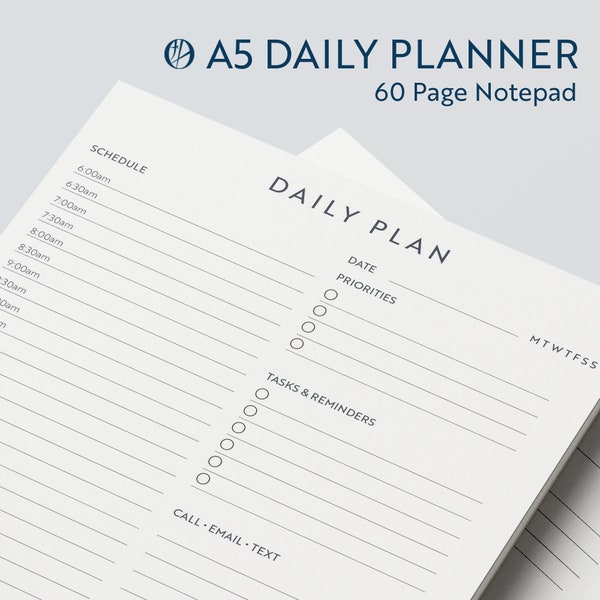 A5 Daily Plan | Desktop Organiser | Personal Planner | 60 Page Notepad | Time Schedule