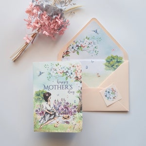 Personalise Mothers Day Card | Greeting Card, Lined Envelope + Sticker Seal | Premium Cardstock | Picnic Meadow