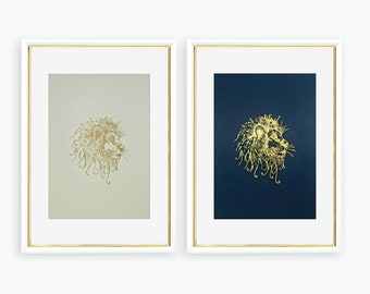 Lion King Art Print | Golden Embossed Stamped Print | Textured Paper | Unframed | Ivory or Navy | A4 or A5 Lion King