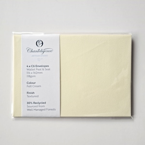 C6 Premium Cream Textured Envelopes | Fits A6 Invitations, Notecards and Greeting Cards | Wallet Peal & Seal Closure | Felt Cream | 4pk