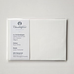 C6 Premium White Linen Envelopes | Fits A6 Invitations, Notecards and Greeting Cards | Wallet Peal & Seal Closure | Pure White | 4pk