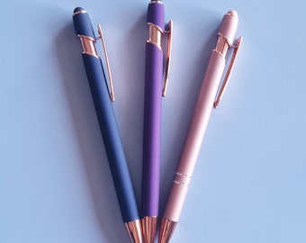 Stylus Pen | Pink, Navy, Purple | Retractable | Ballpoint | Black Ink | Office Pen | Soft Touch with Rose Gold Trim
