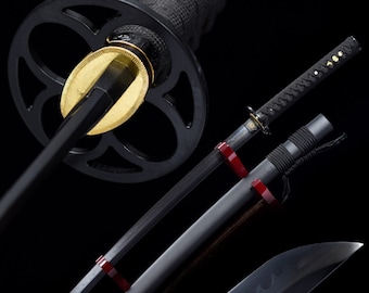 Handmade T10 Steel Katana: Clay Tempered, Black Scabbard