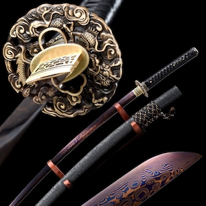 Handmade Red Blade Japanese Sword Folded Damascus Steel Katana
