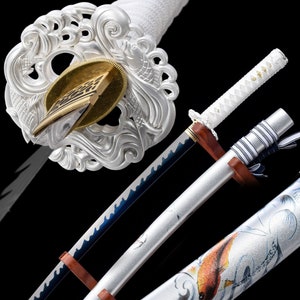 Handmade Japanese Wakizashi Sword High Manganese Steel With Blue Blade And Silver Scabbard