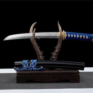 Hand Made High Quality Damascus Steel Japanese Samurai Tanto Sword Blue Gold