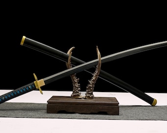 Anime Katana Sword, Black and Blue 1045 Steel with Full Tang