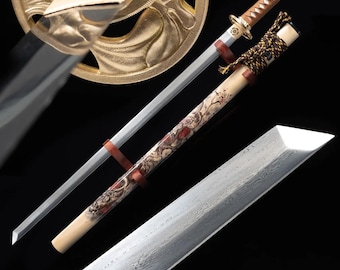 Ninjato Sword with Folded Damascus Steel Blade, 40 Inch Full Tang