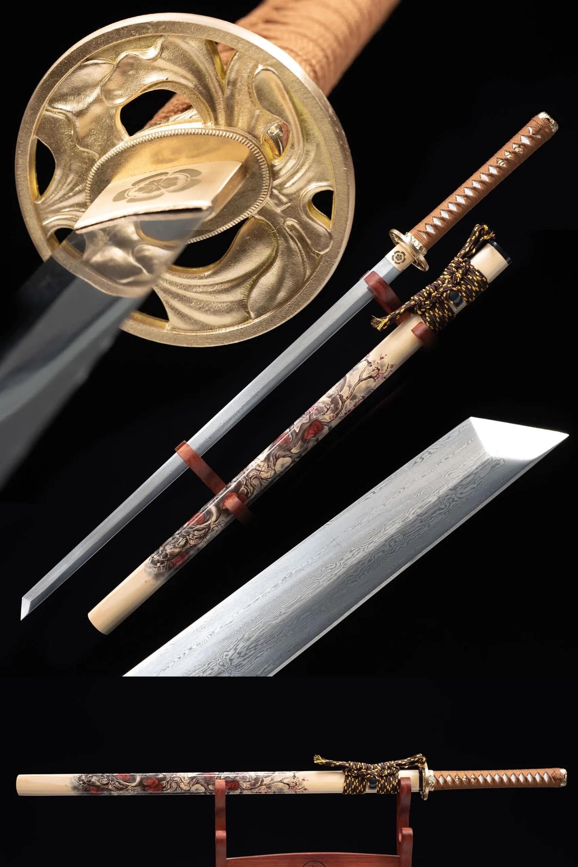 Ninjato Sword With Folded Damascus Steel Blade, 40 Inch Full Tang